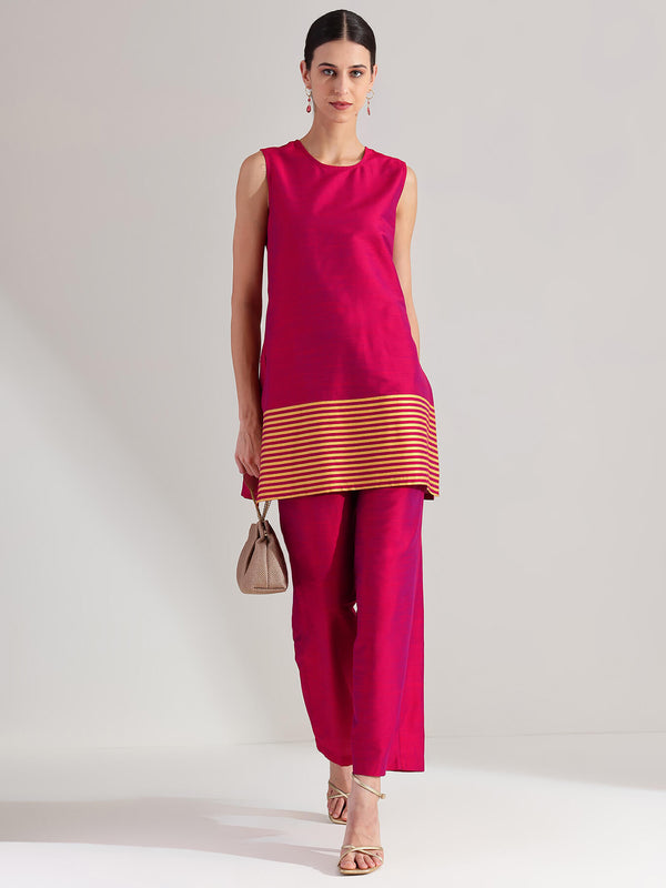 Viscose Silk Gold Striped Co-ord Set - Pink