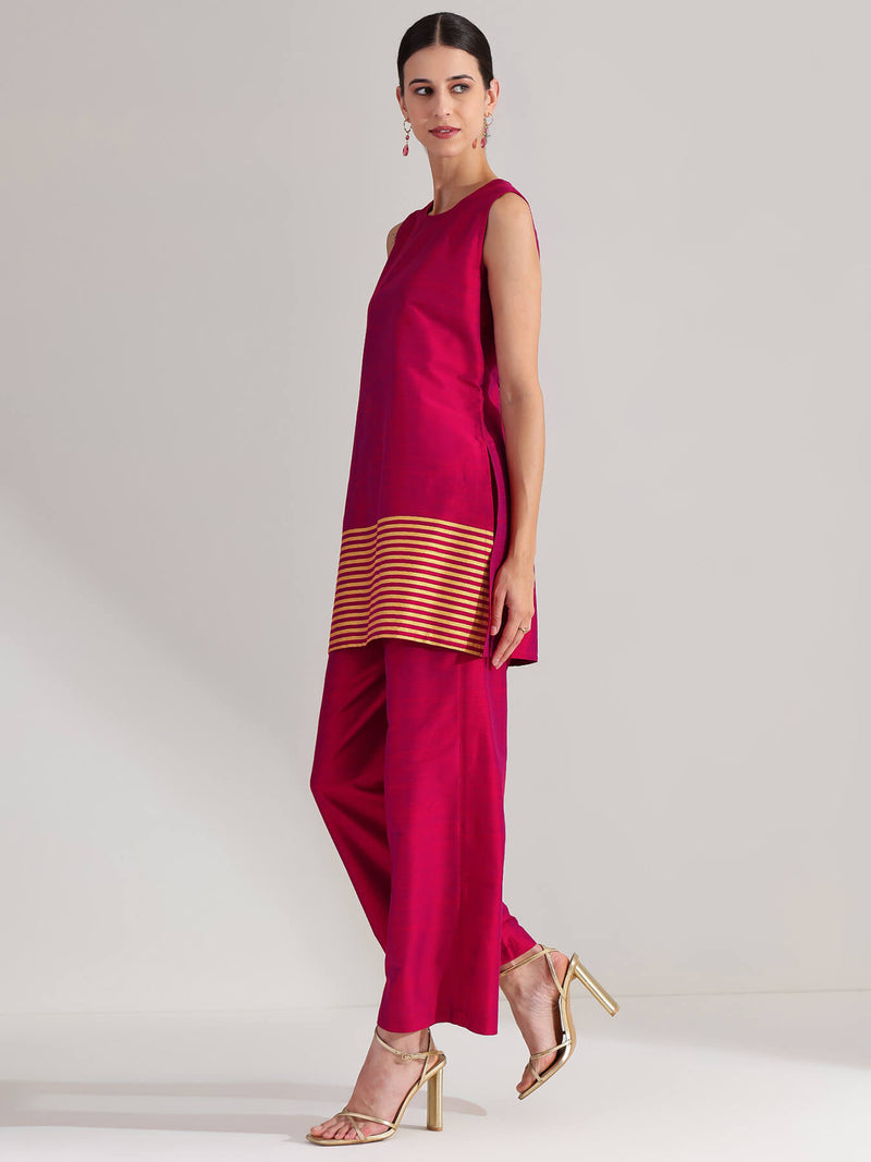 Viscose Silk Gold Striped Co-ord Set - Pink