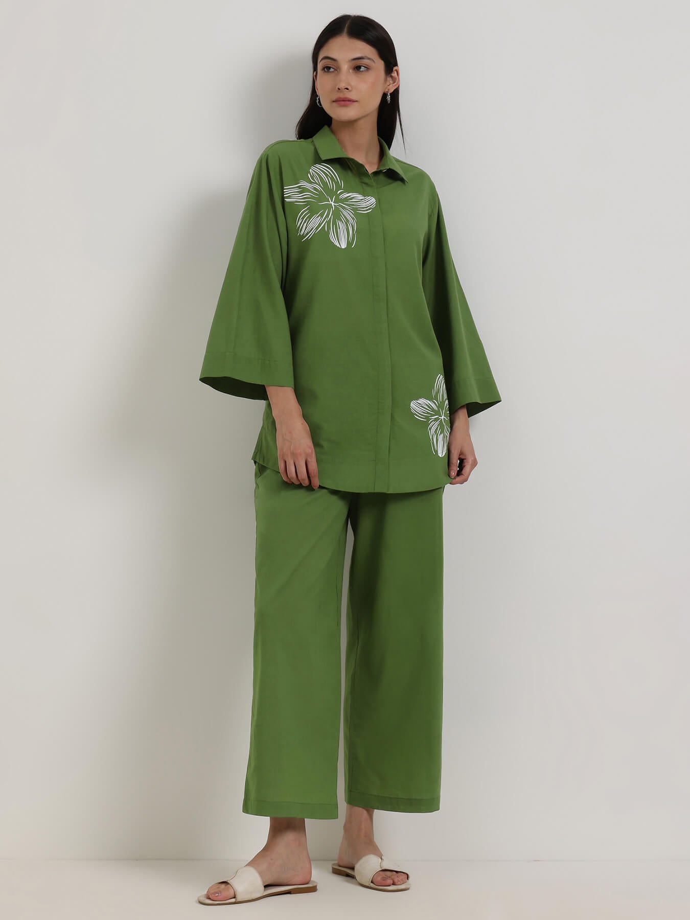 Cotton Placement Floral Co-Ord Set - Green