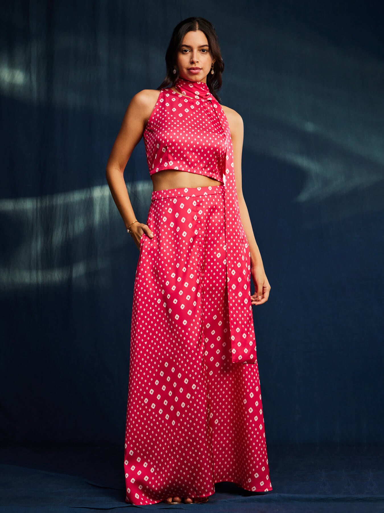 Satin Bandhani Skirt Set - Pink