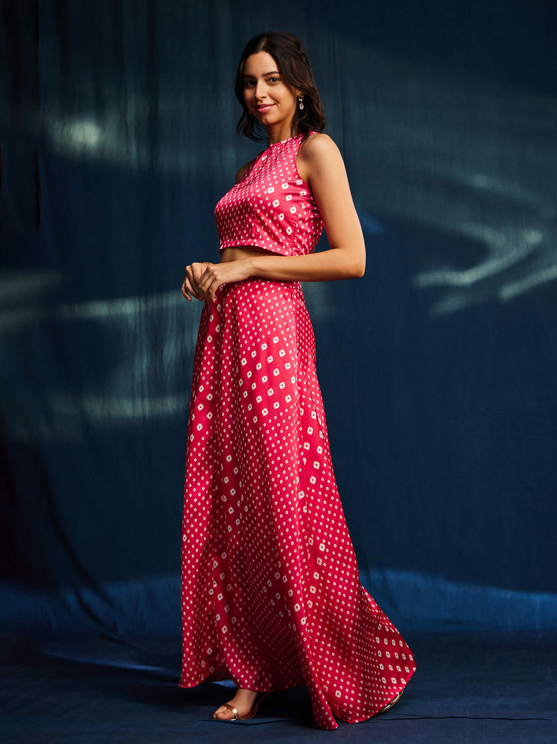 Satin Bandhani Skirt Set - Pink