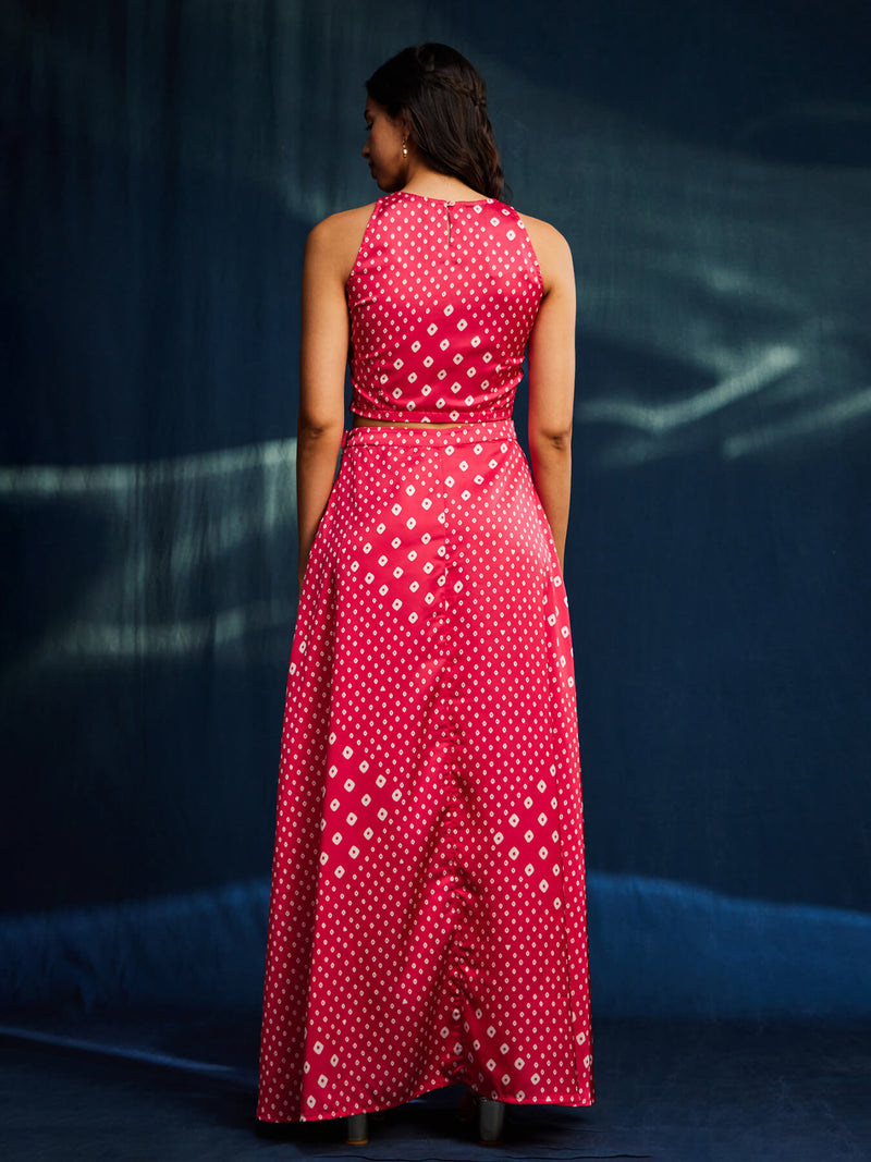 Satin Bandhani Skirt Set - Pink