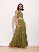 Cotton Lurex Gold Striped Skirt Set - Green