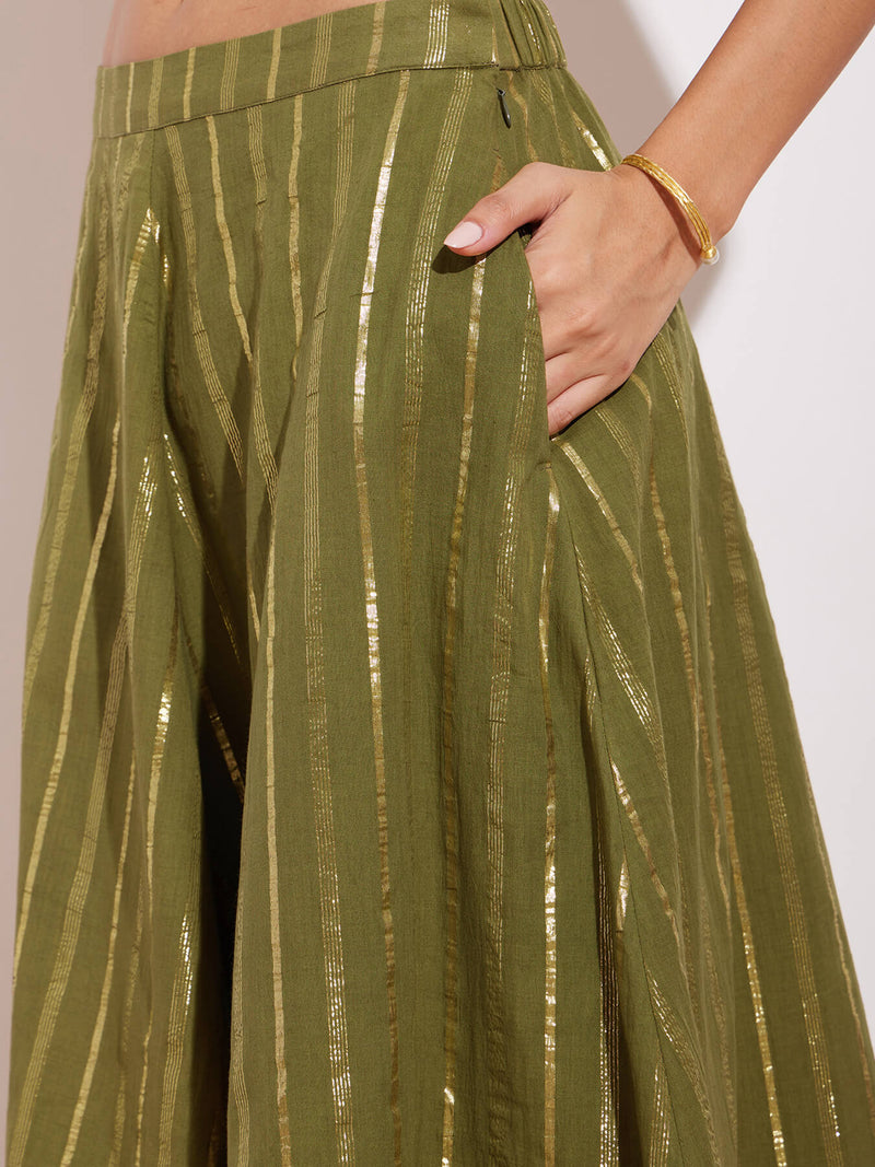 Cotton Lurex Gold Striped Skirt Set - Green