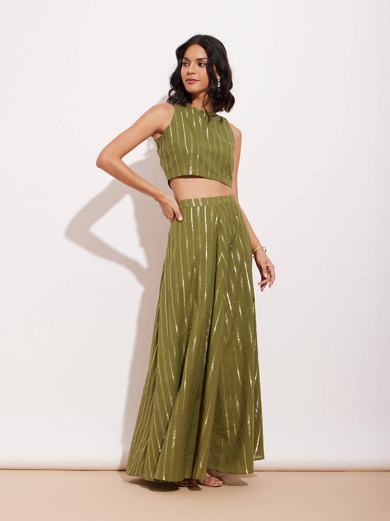 Cotton Lurex Gold Striped Skirt Set - Green