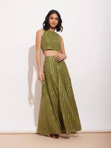 Cotton Lurex Gold Striped Skirt Set - Green