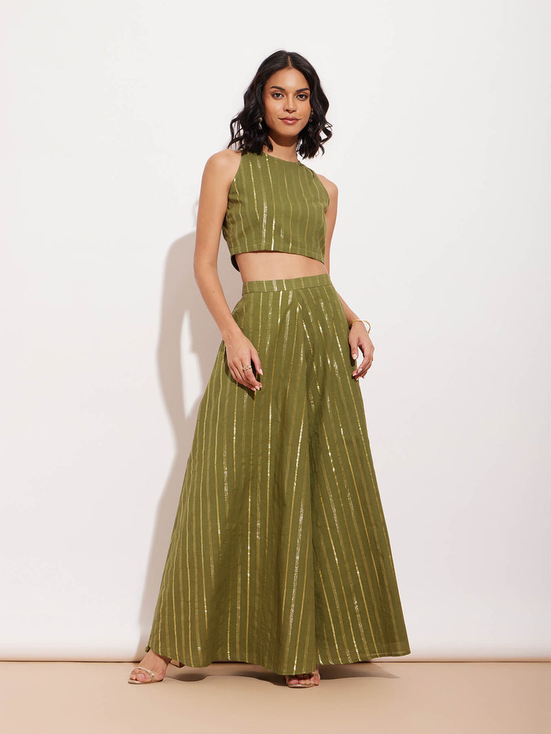 Cotton Lurex Gold Striped Skirt Set - Green