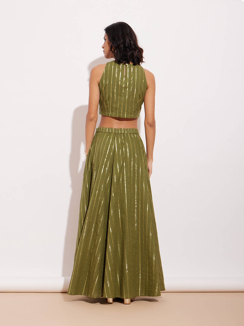 Cotton Lurex Gold Striped Skirt Set - Green