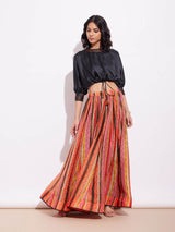 Satin Blouse And Chanderi Skirt Set - Orange & Black