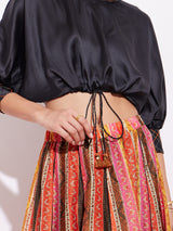 Satin Blouse And Chanderi Skirt Set - Orange & Black