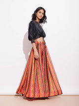 Satin Blouse And Chanderi Skirt Set - Orange & Black