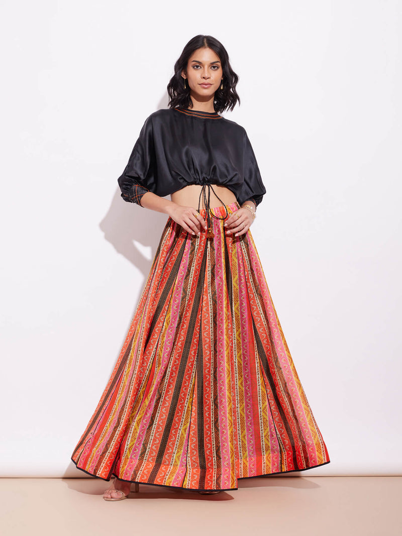 Satin Blouse And Chanderi Skirt Set - Orange & Black