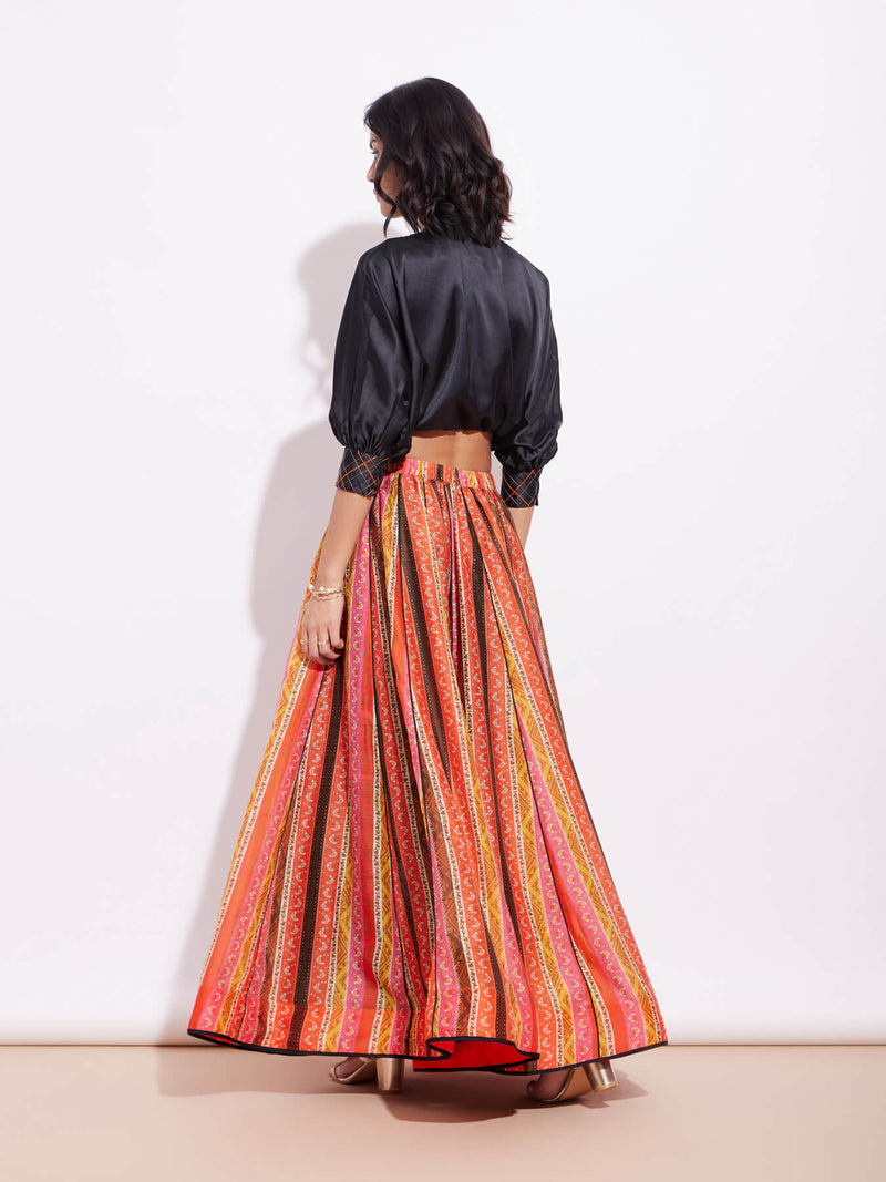 Satin Blouse And Chanderi Skirt Set - Orange & Black