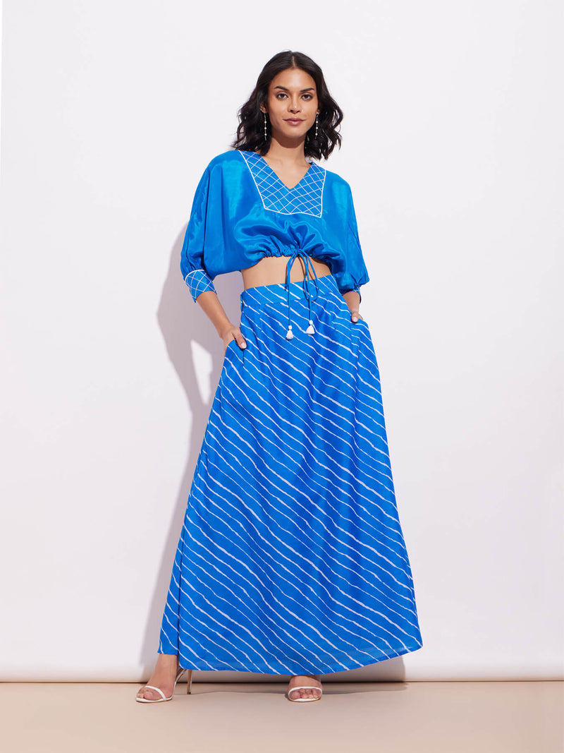 Viscose Blouse And Chanderi Leheriya Skirt Set - Blue