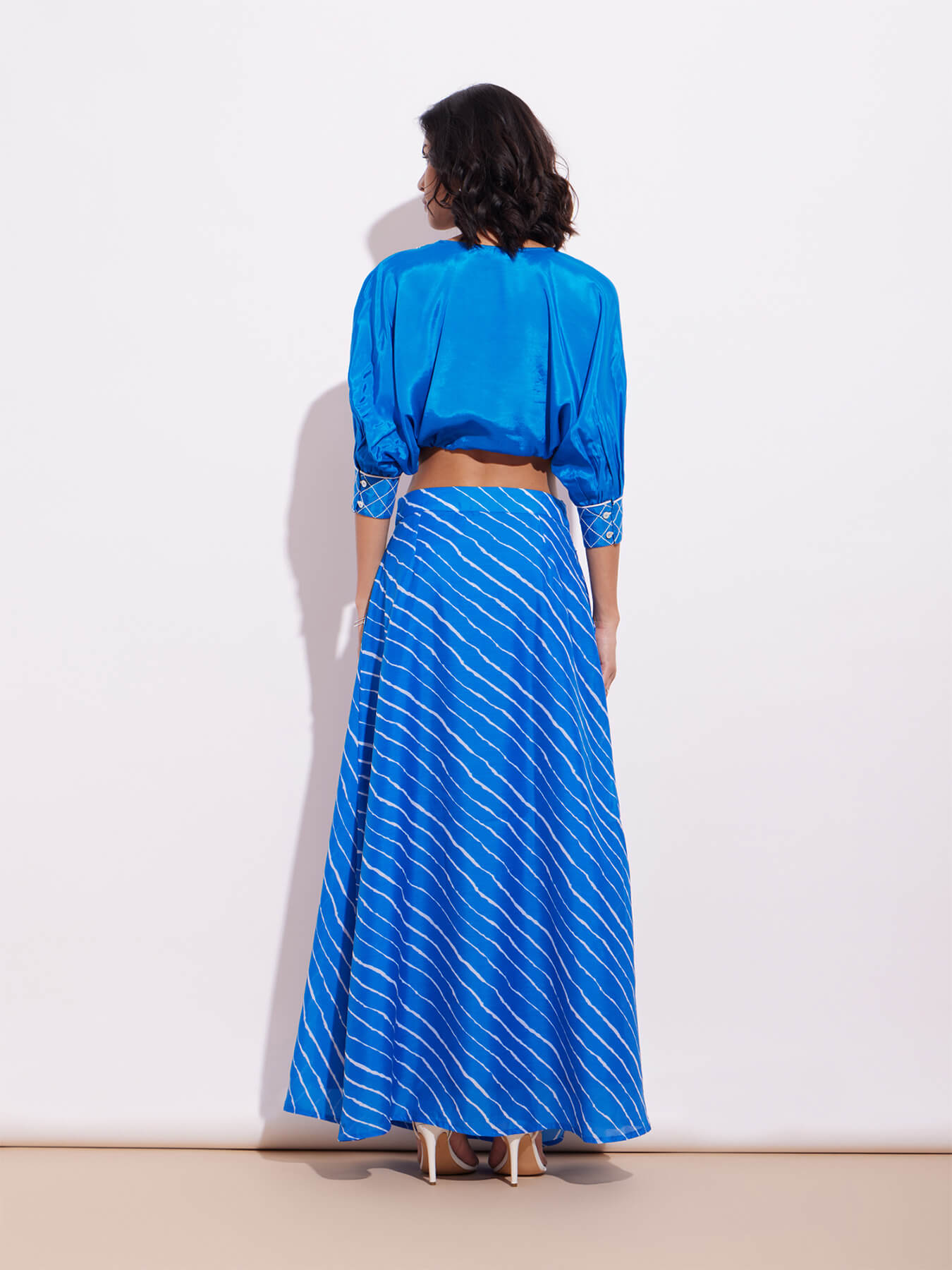 Viscose Blouse And Chanderi Leheriya Skirt Set - Blue