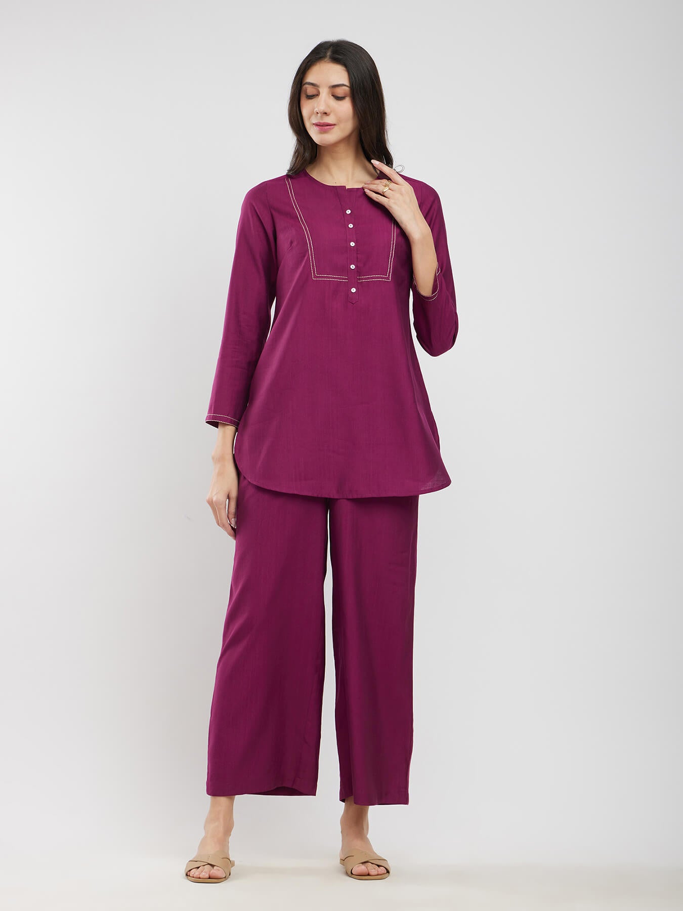 Silk Blend Solid Co-ord Set - Pink
