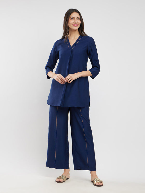 Silk Blend Solid Co-ord Set - Navy Blue