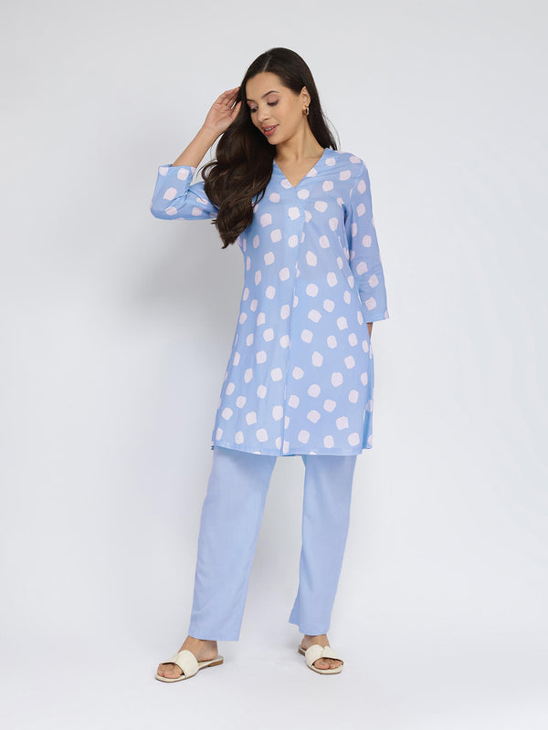 Rayon Polka Pleated Co-ord Set - Blue