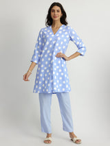 Rayon Polka Pleated Co-ord Set - Blue