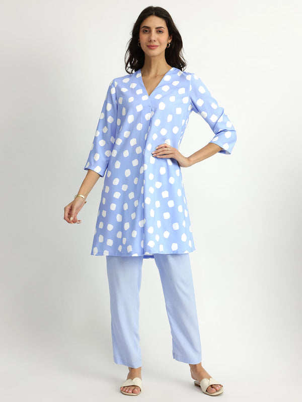 Rayon Polka Pleated Co-ord Set - Blue