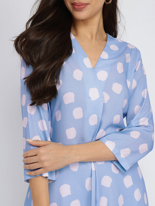 Rayon Polka Pleated Co-ord Set - Blue