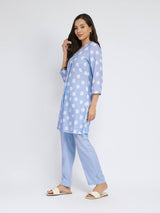 Rayon Polka Pleated Co-ord Set - Blue