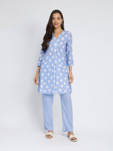 Rayon Polka Pleated Co-ord Set - Blue