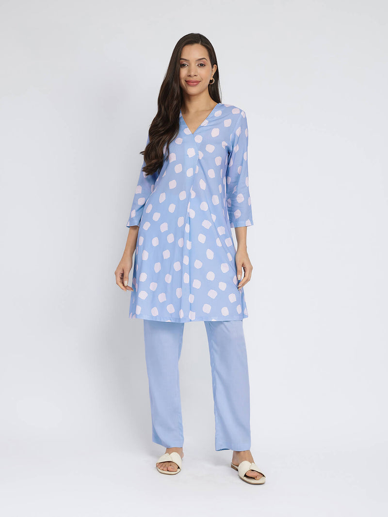 Rayon Polka Pleated Co-ord Set - Blue