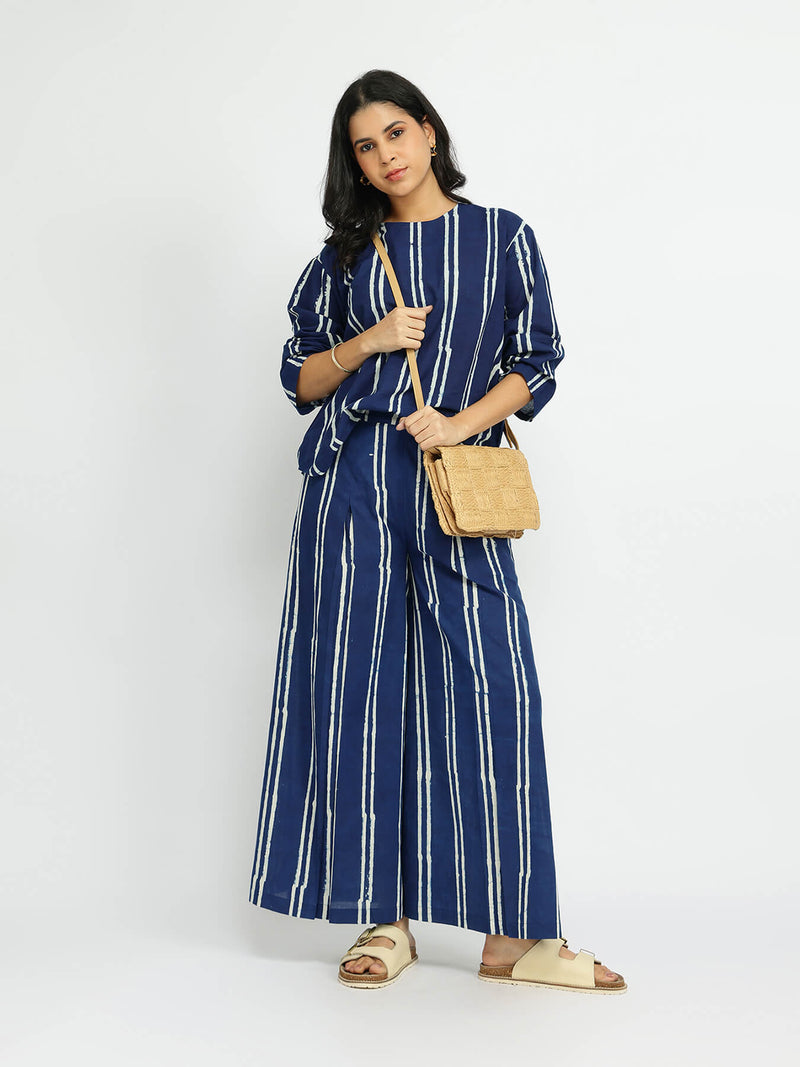 Cotton Dabu Striped Co-ord Set - Indigo