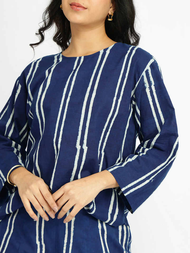 Cotton Dabu Striped Co-ord Set - Indigo