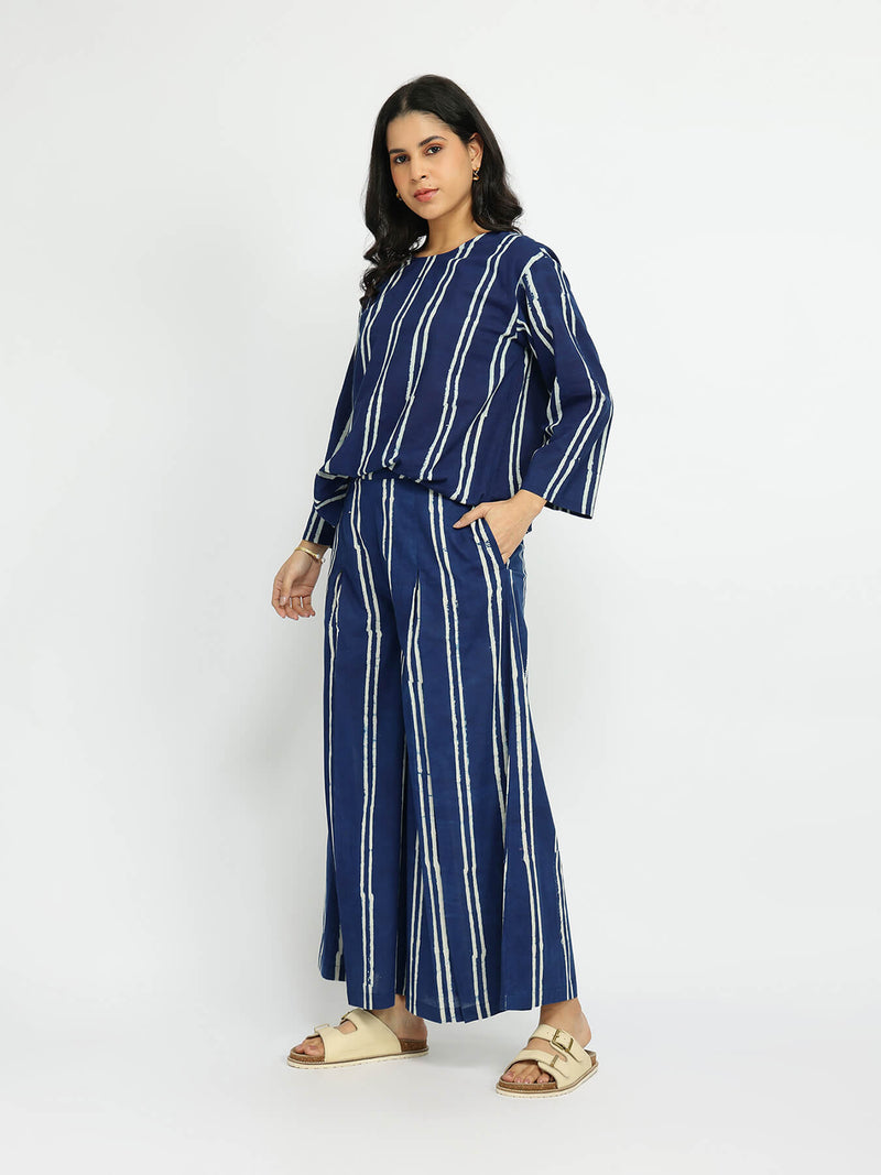 Cotton Dabu Striped Co-ord Set - Indigo