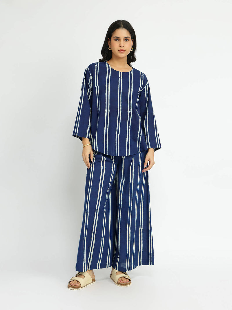 Cotton Dabu Striped Co-ord Set - Indigo