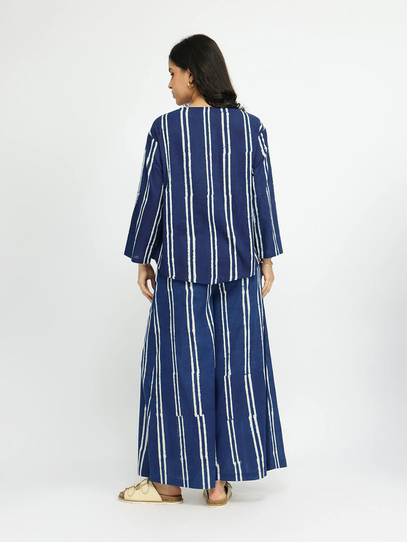 Cotton Dabu Striped Co-ord Set - Indigo