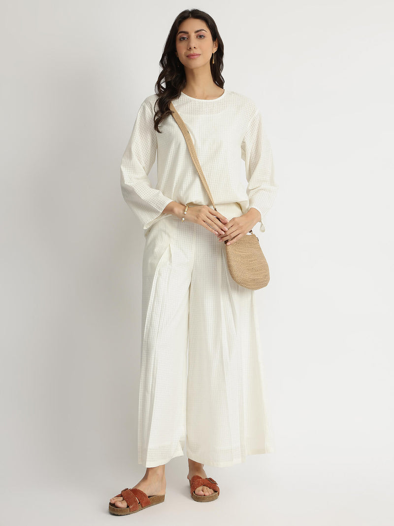 Self-Textured Cotton Solid Co-ord Set - White