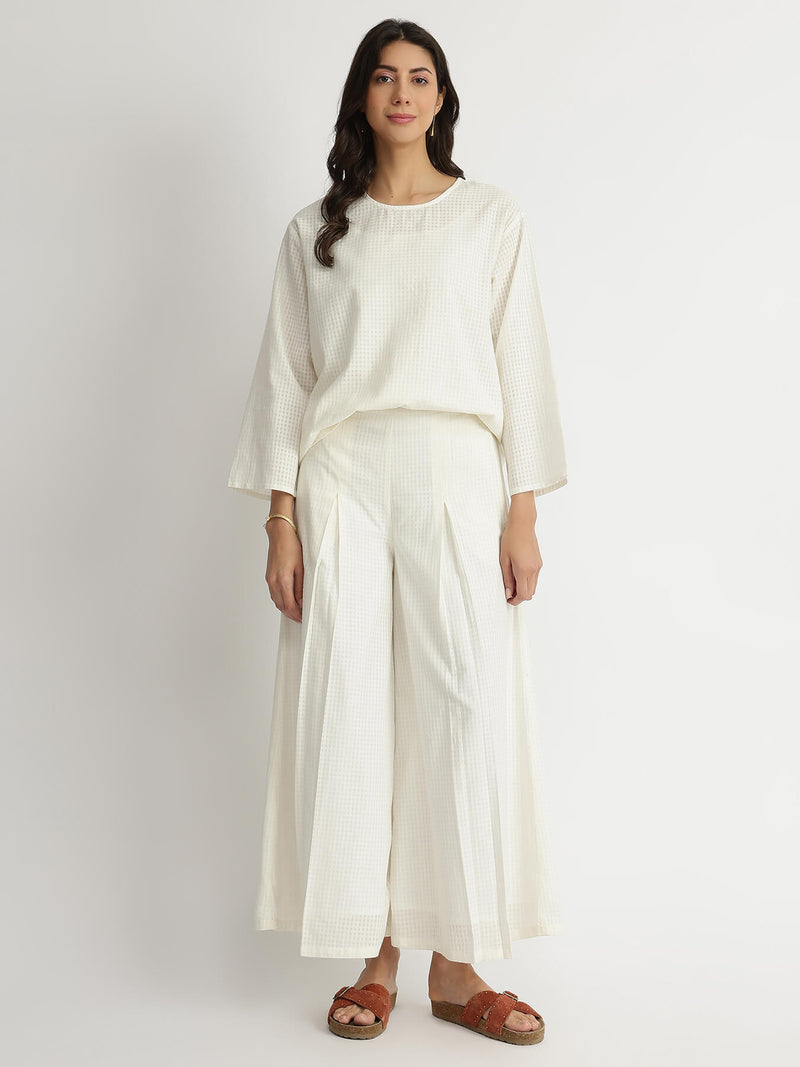 Self-Textured Cotton Solid Co-ord Set - White