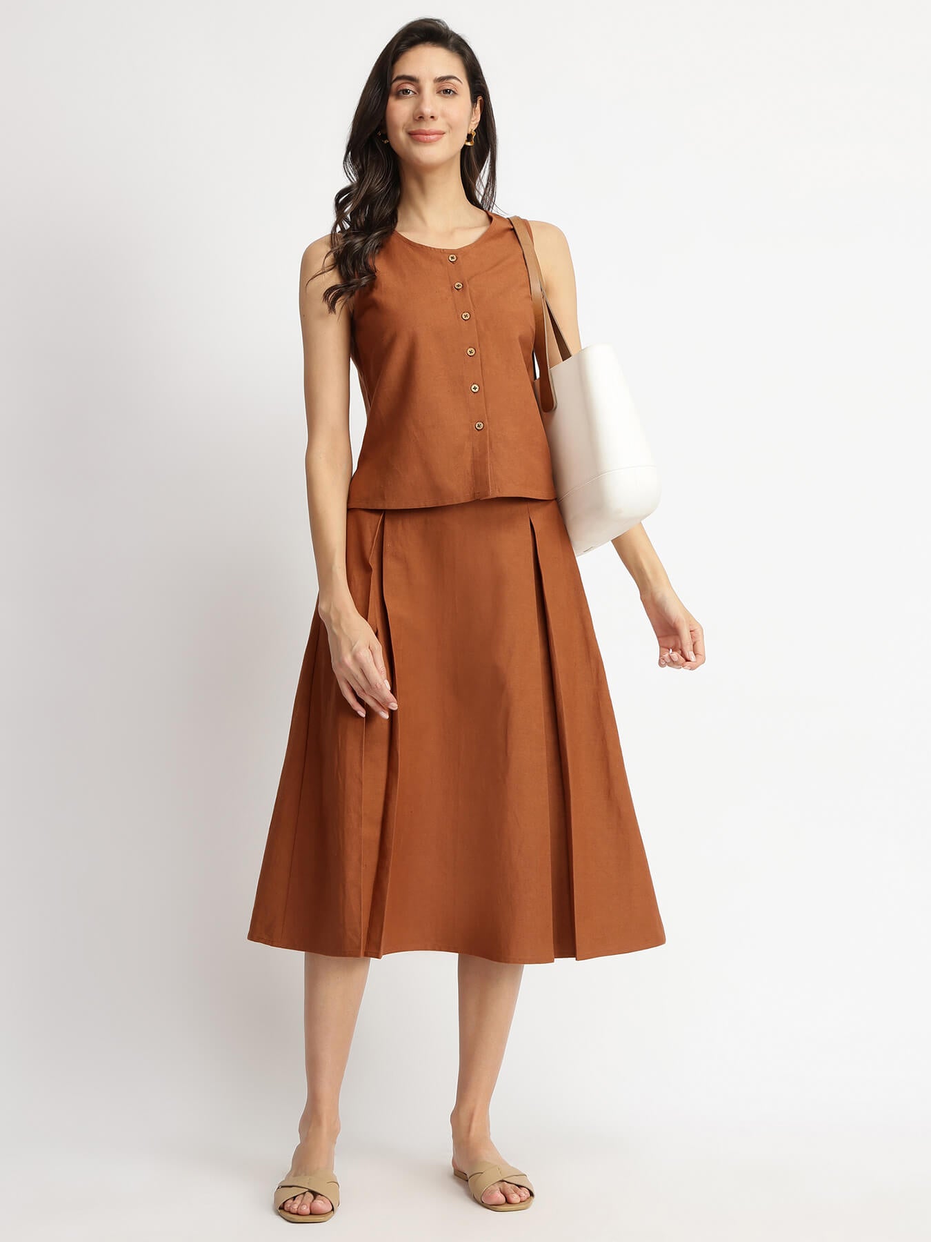 Linen Blend Solid Skirt Set - Rust