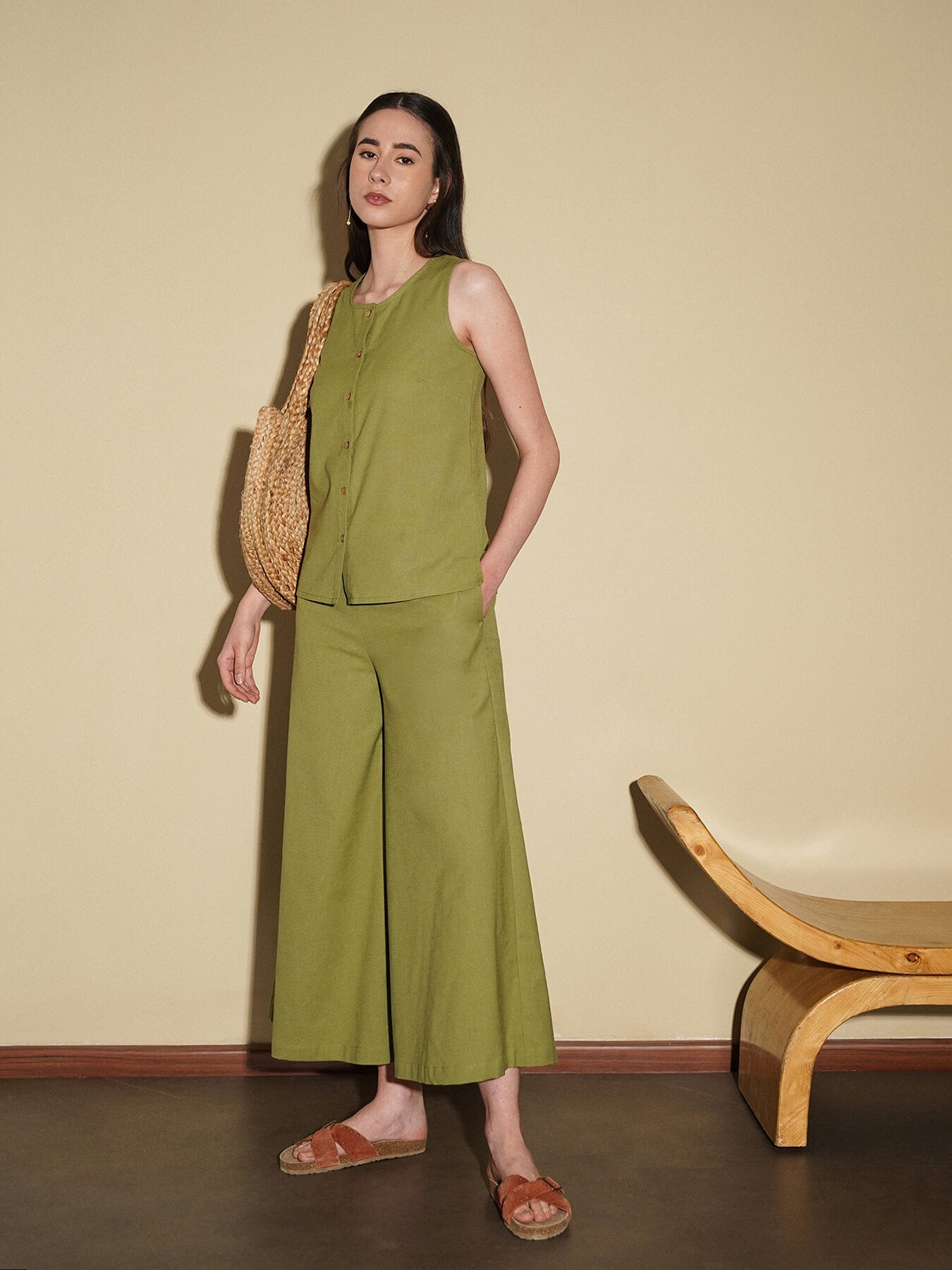 Linen Blend Solid Co-Ord Set - Green