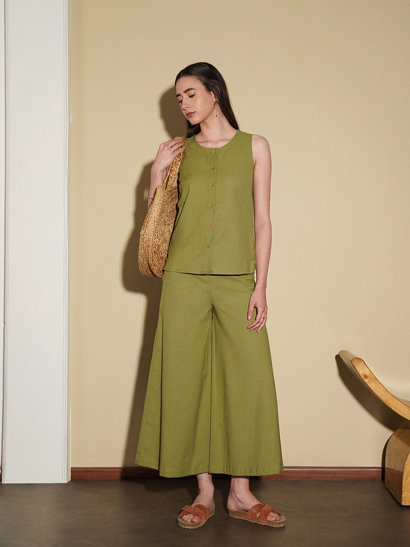 Linen Blend Solid Co-Ord Set - Green