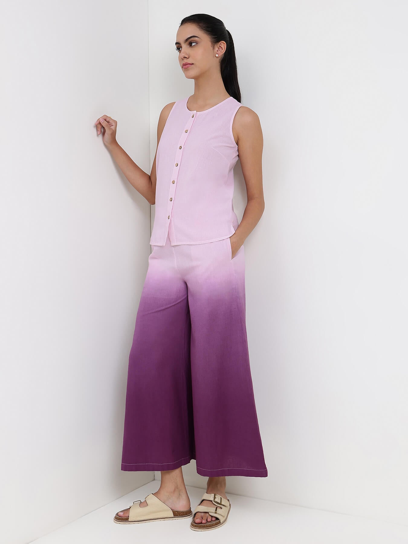 Linen Blend Solid Co-ord Set - Lavender