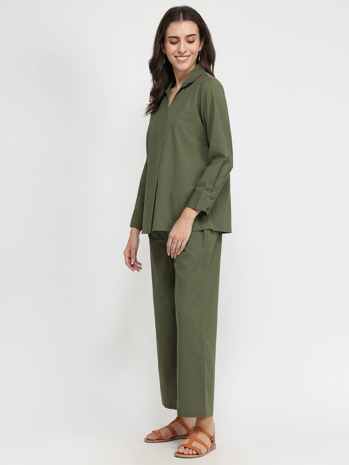 Linen Blend Solid Co-ord Set - Olive
