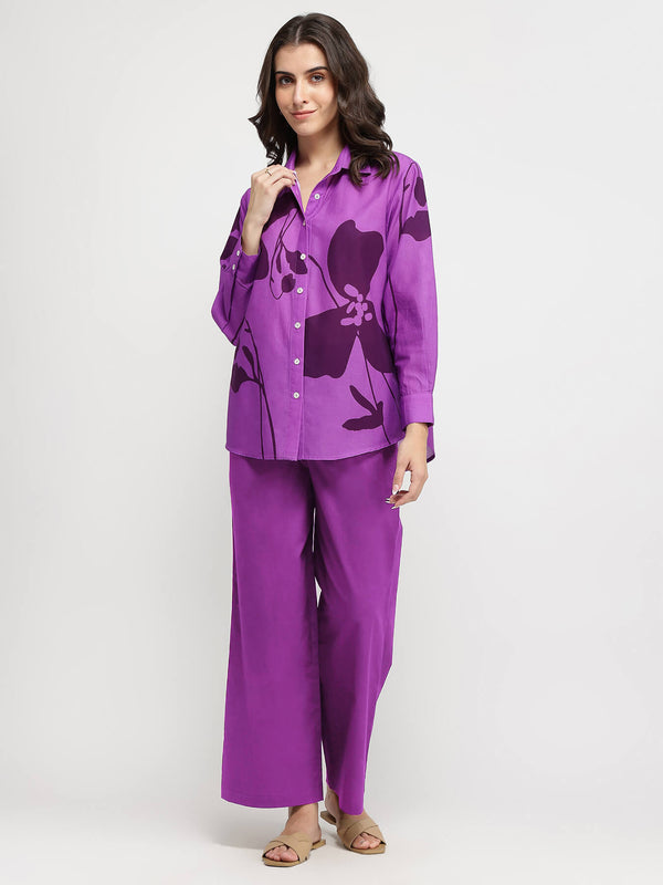 Cotton Floral Shirt Co-ord Set - Purple