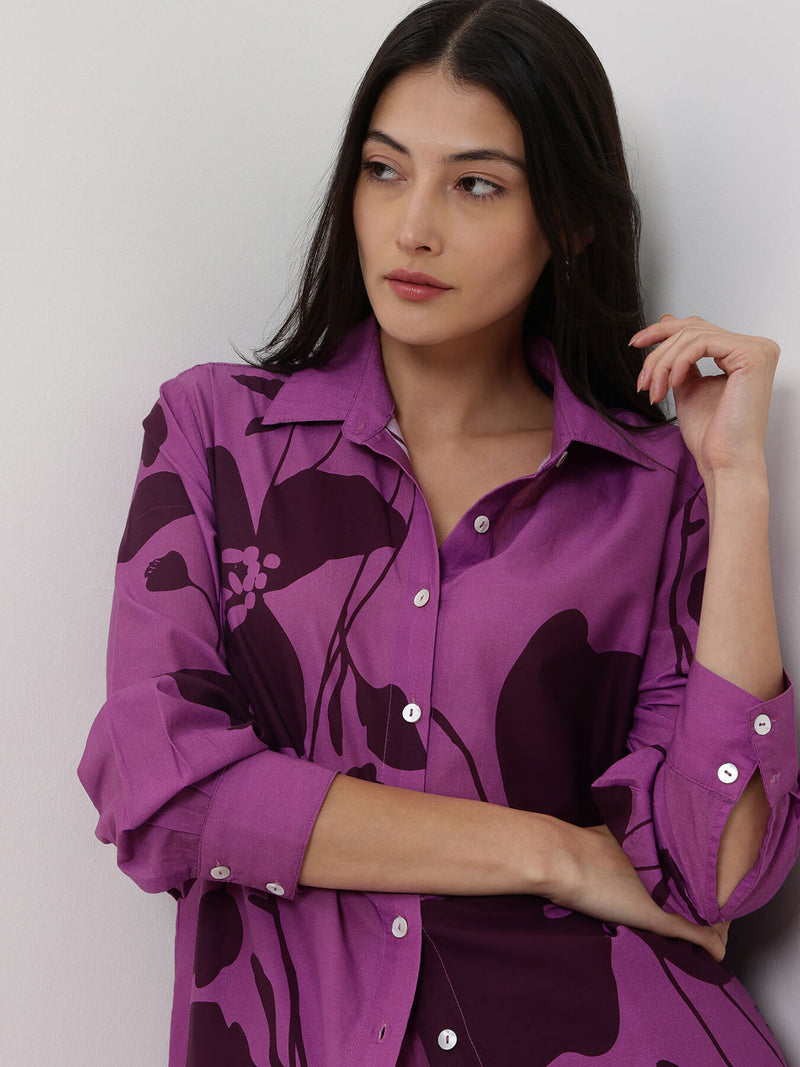 Cotton Floral Shirt Co-ord Set - Purple