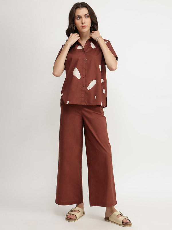 Cotton Abstract Print Co-ord Set - Brown