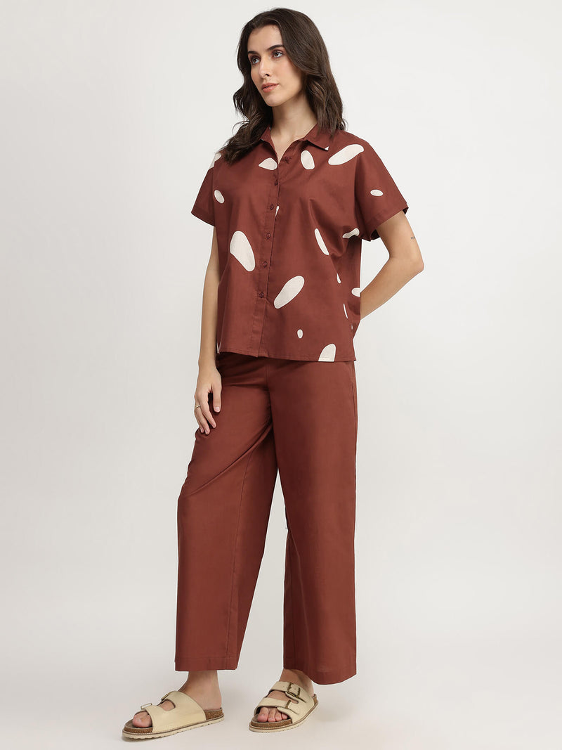 Cotton Abstract Print Co-ord Set - Brown