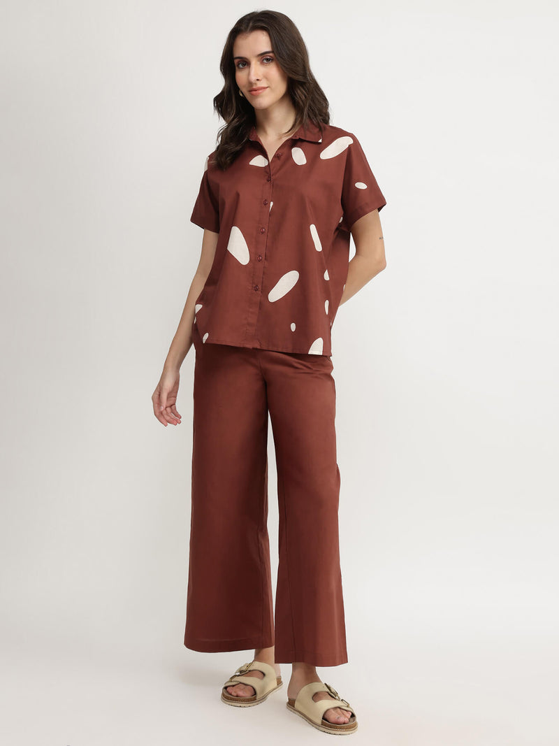 Cotton Abstract Print Co-ord Set - Brown