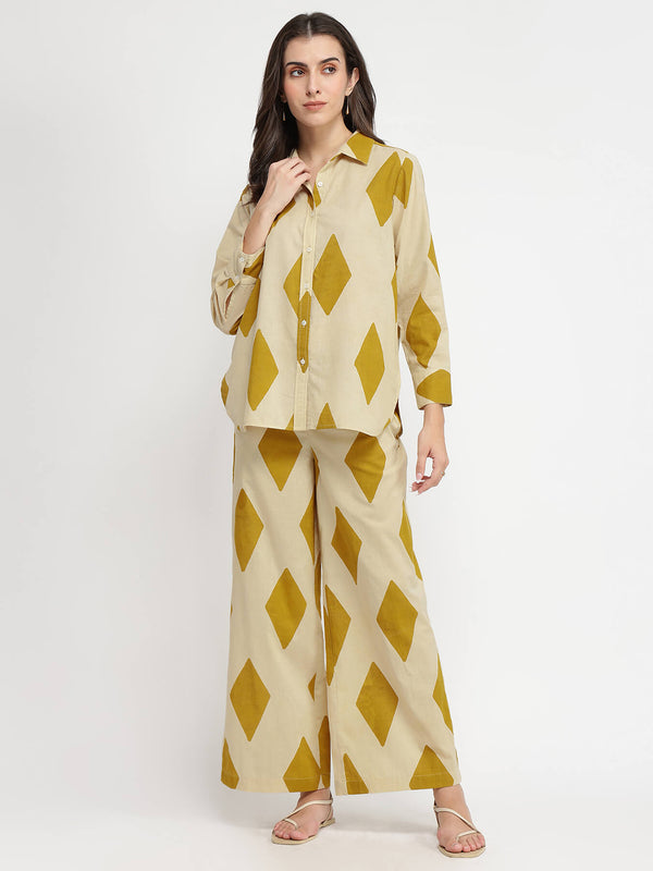 Cotton Geometric Print Co-ord Set - Beige & Mustard