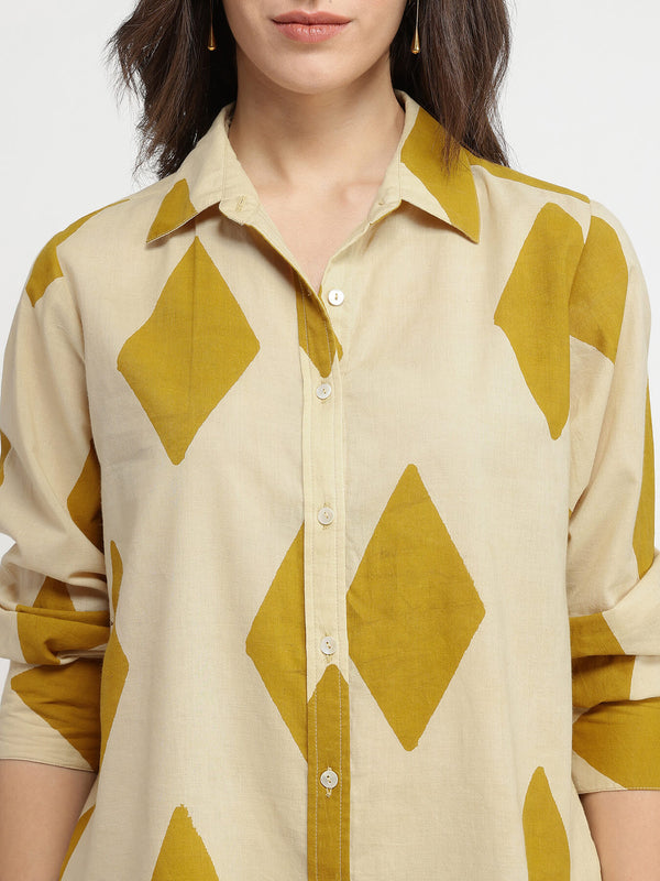 Cotton Geometric Print Co-ord Set - Beige & Mustard