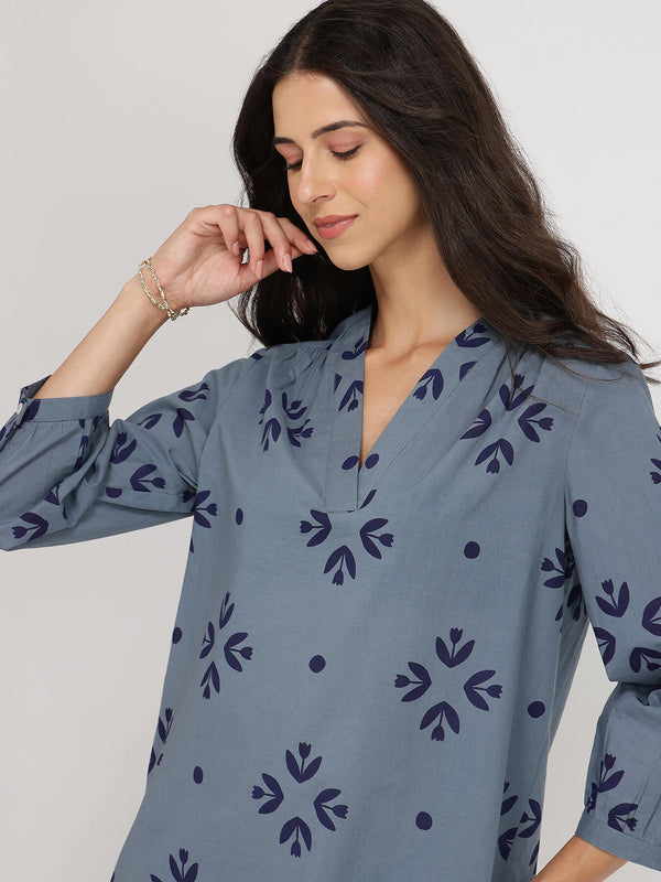 Cotton Floral Motif Co-ord Set - Blue