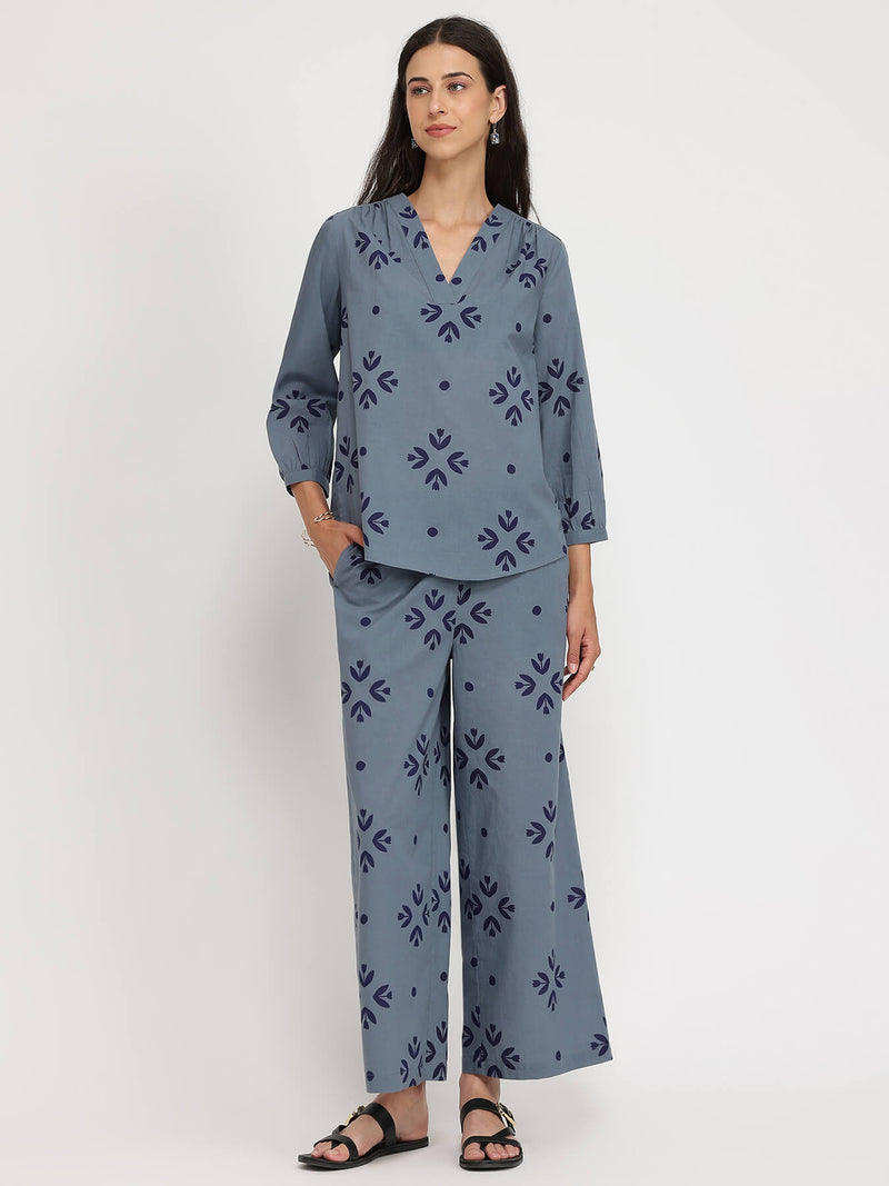 Cotton Floral Motif Co-ord Set - Blue