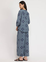 Cotton Floral Motif Co-ord Set - Blue